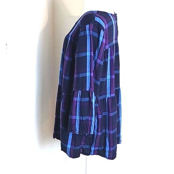 EVRI Blue & Purple Plaid Babydoll Top, Bell Sleeves, Size 1X - Picture 6 of 10